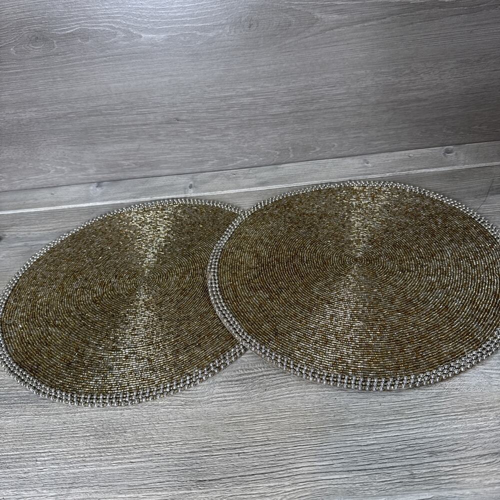 2 NICOLE MILLER HOME Gold Beaded Silver Edge Type 15" Placemats Chargers